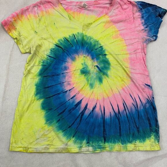 Tie dyed women’s medium‎ tee shirt Pink Yellow Blue Green V Neck - Picture 3 of 6
